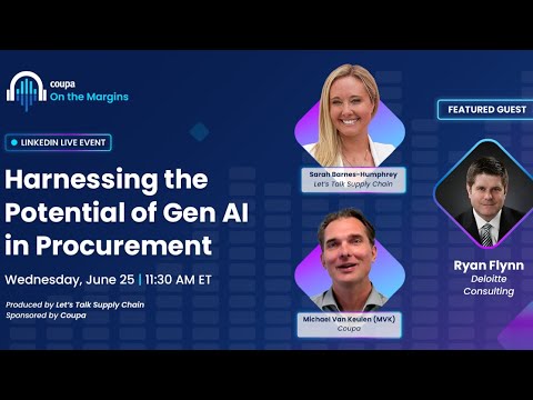 Curious how Gen AI is transforming procurement?

Join Sarah Barnes-Humphrey and Michael V. for a special episode of On the Margins featuring Ryan Flynn, Principal at Deloitte Consulting. 

👉 Exclusive insights from Deloitte’s 2024 CPO Survey


👉 The real impact of Gen AI on procurement


👉 How CPOs can drive more value today

Don’t miss this game-changing convo—click “Attend” and get notified when we go live!

📺 YouTube: https://lnkd.in/gh7J_Nkc
🔗 LinkedIn: https://lnkd.in/e7E4JzPk

#GenAi #Coupa #OTM #procurement