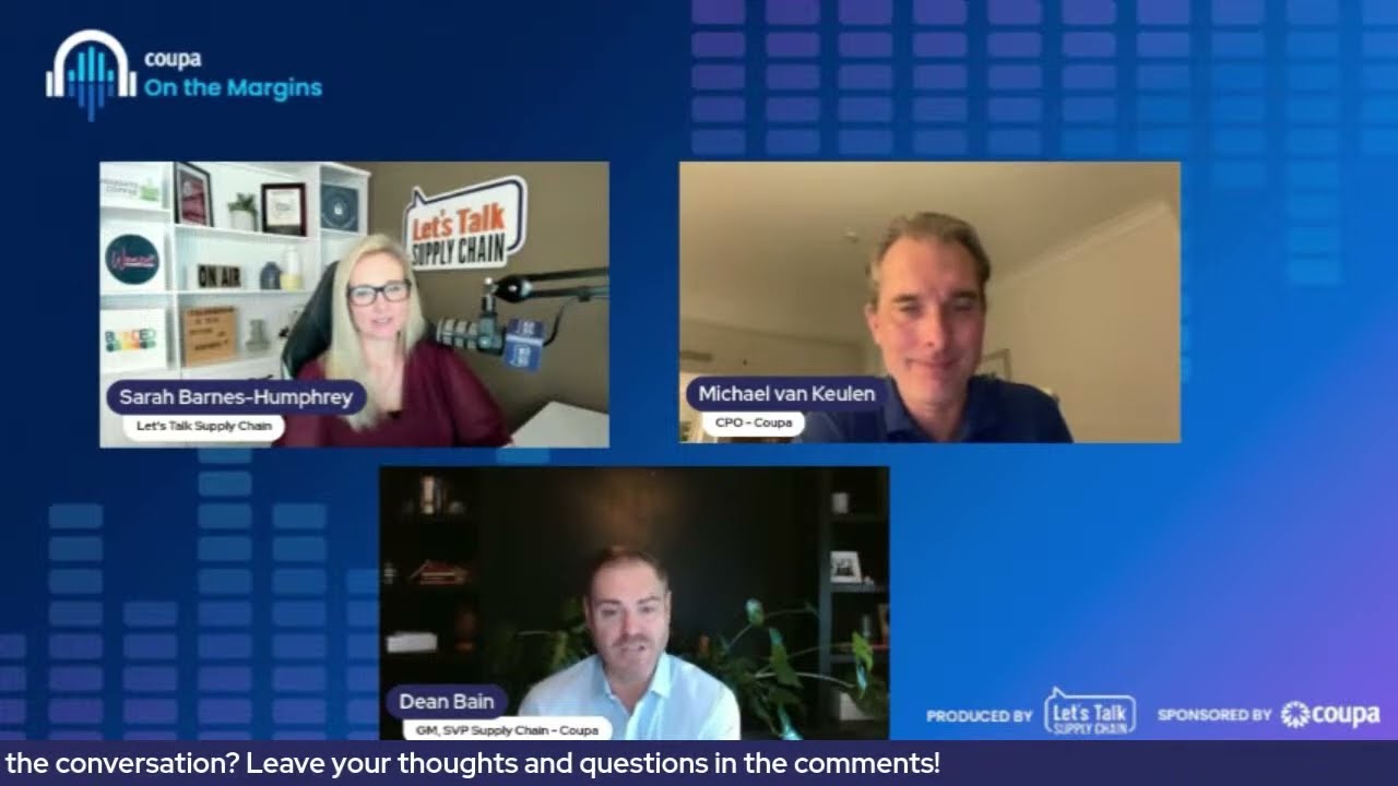 Join us with our special guest, Dean Bain, SVP of Supply Chain at Coupa, as we reflect on the end of an exciting year. 

We looked ahead to 2025 with some practical insights on upcoming trends — and of course, we’ll make some predictions for what will likely be an interesting year ahead.

Topics included: 

- Key challenges supply chain leaders faced in 2024 
- Predictions and expectations for 2025 (and what Coupa is doing to help supply chain leaders prepare for what's ahead)
- The importance of an adaptive supply chain and what leaders can start doing right now to build resilience and adaptivity. 

Follow Sarah, Michael, and Dean on LinkedIn:
https://www.linkedin.com/in/sarahbarneshumphrey/
https://www.linkedin.com/in/michaelvankeulen/
https://www.linkedin.com/in/baindean/